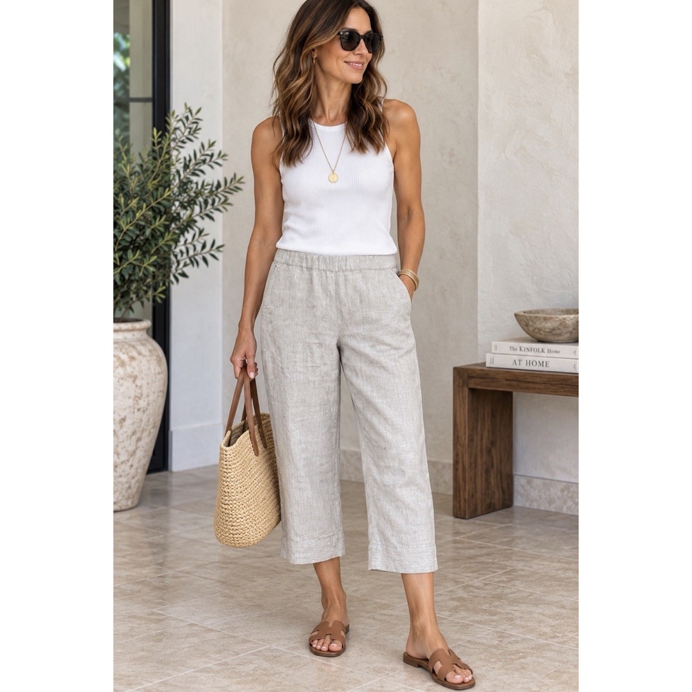 J. Jill PureJill Beige 100% Linen Wide Leg Cropped Pants Women's Large Pull On